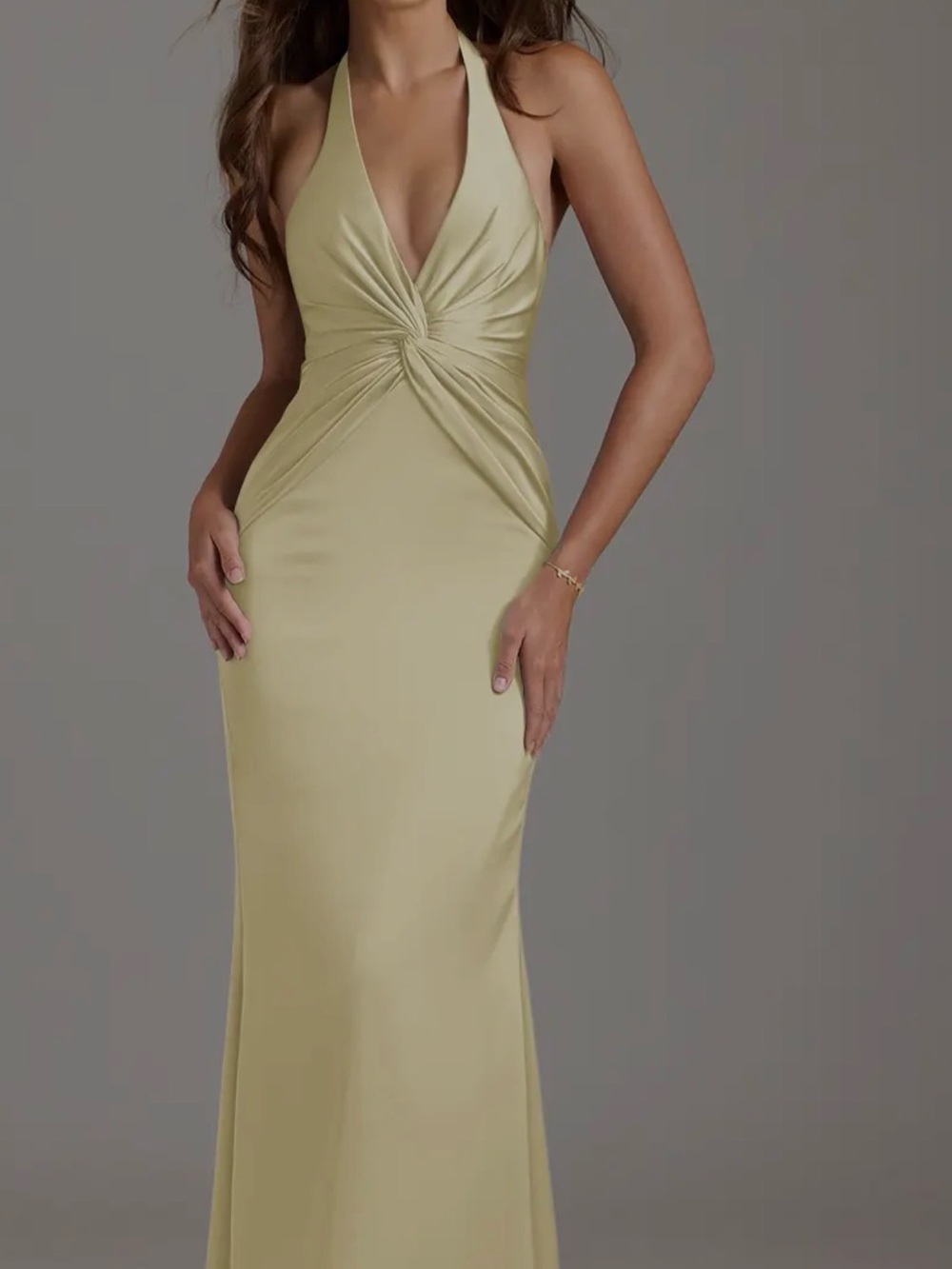 Azazie Azalea Backless Halter Twist Front Maxi Dress in Light Yellow